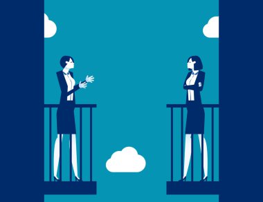 Balkonlardan uzak mesafeden iletişim kuran iki kişi. İletişim konsepti