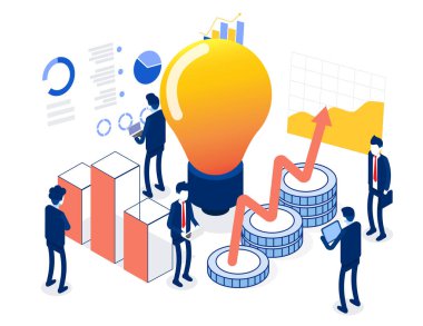 Finans yönetimi yaratıcı fikirleri olan bir iş adamı. Düz izometrik vektör çizimi