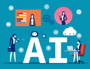 Kullanıcı ve bilim adamları Al 'ın etrafında bilgi alışverişinde bulunuyor. Yapay zeka kavramı