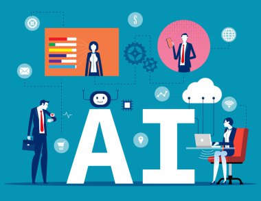 Kullanıcı ve bilim adamları Al 'ın etrafında bilgi alışverişinde bulunuyor. Yapay zeka kavramı