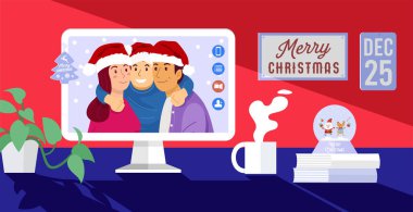 Çevrimiçi Noel kutlaması, evden gelen mutlu aile görüntüsü. Vektör