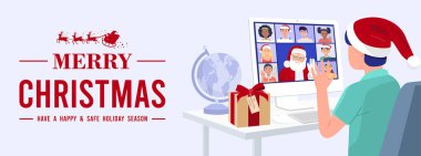 Çocuk, Noel Baba ve arkadaşlarıyla bilgisayarda video konferansı yapıyor. Vektör