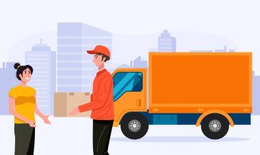 Paket kutusuyla ilgilenen teslimatçı. Vektör