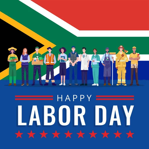 幸せな労働者の日 南アフリカの国旗を掲揚する職業 ベクトル — ストックベクタ