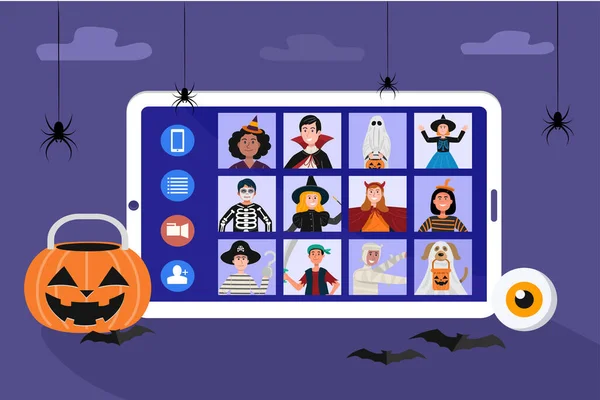 Los Niños Halloween Visten Videoreuniones Debido Brote Pandemia Covid Vector — Archivo Imágenes Vectoriales