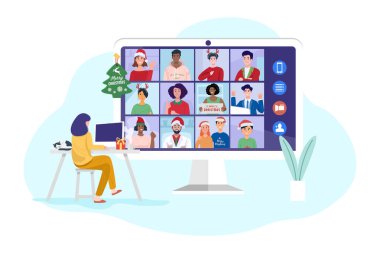 Genç bir kadın evinde arkadaşlarıyla bilgisayar konferansı yapıyor. Vektör