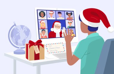 Çocuk, Noel Baba ve arkadaşlarıyla bilgisayarda video konferansı yapıyor. Vektör