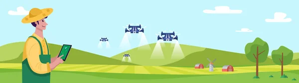 Futuro Agricultura Jóvenes Agricultores Operando Dron Para Rociar Fertilizante Campo — Vector de stock