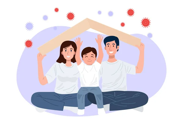 Evde Pankart Asmak Mutlu Aile Nin Başlarının Üstünde Bir Çatı — Stok Vektör