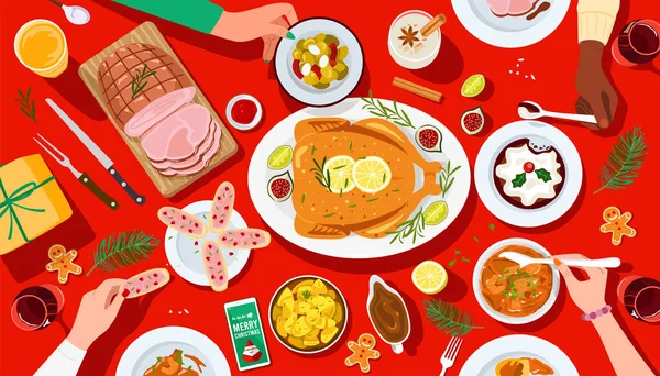 Noel Yemeği Insanların Birlikte Yemek Yemesi — Stok Vektör