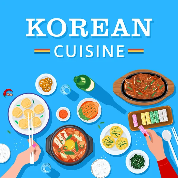 食の背景 韓国料理を一緒に楽しむ人々のトップビュー — ストックベクタ