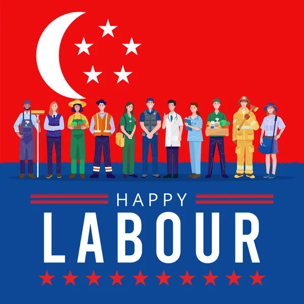 Šťastný Svátek Práce Různá Povolání Lidé Stojící Pod Singapurskou Vlajkou — Stockový vektor