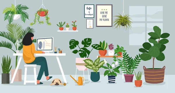 Woman Working Laptop Home Decorated Indoor Plants — Stock Vector
