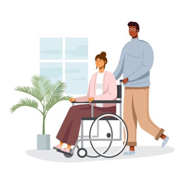 Genç adam tekerlekli sandalyede oturan kız arkadaşıyla yürüyor.