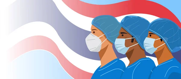 Εικονογράφηση Των Νοσοκόμων Που Φορούν Μάσκες Προσώπου Και Προστατευτικά Καλύμματα — Διανυσματικό Αρχείο