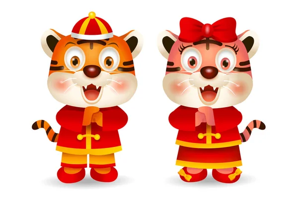 2022 Китайський Новий Рік Карикатурні Тигри Китайському Костюмі Вітання Вектор — стоковий вектор