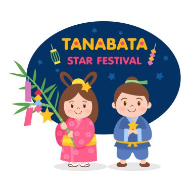 Tanabata ya da Star festivali arka planında asılı dileklerle bambu dalları tutan çoban ve dokumacı kız var.. 