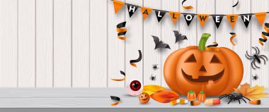 Cadılar Bayramı partisinde şeker, göz bebekleri, örümcekler, yarasalar ve balkabakları vardı. Vektör