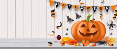 Cadılar Bayramı partisinde şeker, göz bebekleri, örümcekler, yarasalar ve balkabakları vardı. Vektör