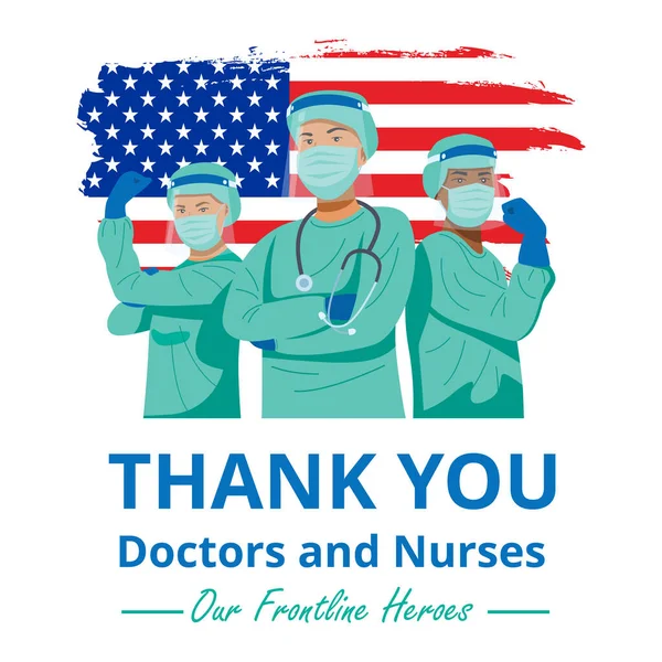 最前線の英雄 医師や看護師のキャラクターのイラスト米国の旗でウイルスと戦うマスクを着用 ベクトル — ストックベクタ