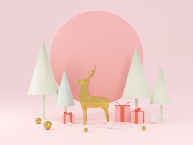 Altın geyik, ağaç ve hediyelerle soyut bir Noel arkaplanı. 3B görüntüleme
