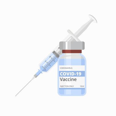 Aşı konsepti. COVID-19 Coronavirus aşı şişesi ve şırıngayla. Vektör İllüstrasyonu 