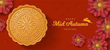 Sonbahar ortası festival afişi, tavşan, ay çöreği ve çiçek. Kağıt kesim stili. Vektör