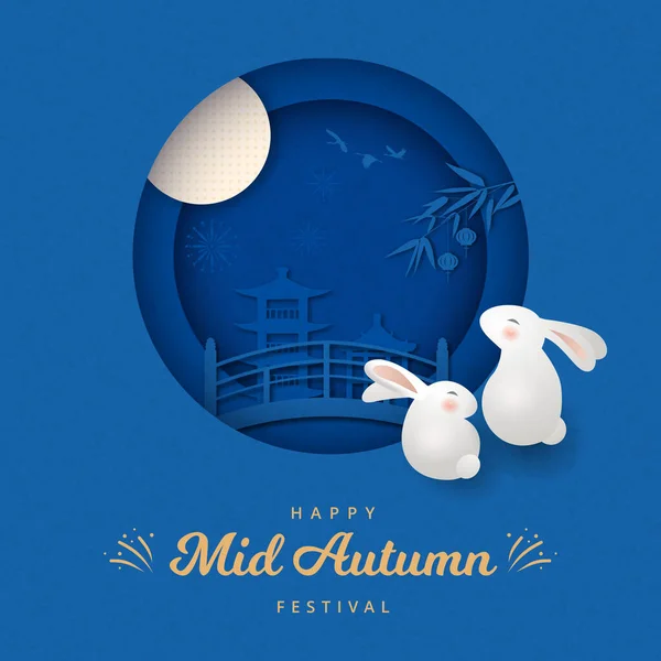 Metà Autunno Festival Banner Carino Conigli Guardando Luna Piena Vettore — Vettoriale Stock