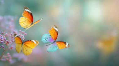Renkli kelebekler rengarenk bahçelerde uçuşuyor, yumuşak ışık, yumuşak ve havadar atmosfer, kaprisli ve büyüleyici, geniş kopya alanı, web sitesi veya basım medyası için hazır.