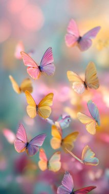 Renkli kelebekler rengarenk bahçelerde uçuşuyor, yumuşak ışık, yumuşak ve havadar atmosfer, kaprisli ve büyüleyici, geniş kopya alanı, web sitesi veya basım medyası için hazır.