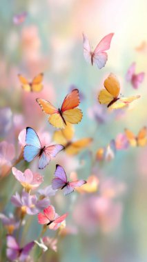 Renkli kelebekler rengarenk bahçelerde uçuşuyor, yumuşak ışık, yumuşak ve havadar atmosfer, kaprisli ve büyüleyici, geniş kopya alanı, web sitesi veya basım medyası için hazır.