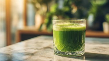 Mermer yüzey üzerinde kristal yeşil sebze suyu, yumuşak altın sabah ışığı, zarif bulanık kaplıca arka plan, temiz kopya alanı ile rafine edilmiş düzen..