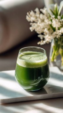 Mermer yüzey üzerinde kristal yeşil sebze suyu, yumuşak altın sabah ışığı, zarif bulanık kaplıca arka plan, temiz kopya alanı ile rafine edilmiş düzen..