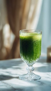 Mermer yüzey üzerinde kristal yeşil sebze suyu, yumuşak altın sabah ışığı, zarif bulanık kaplıca arka plan, temiz kopya alanı ile rafine edilmiş düzen..