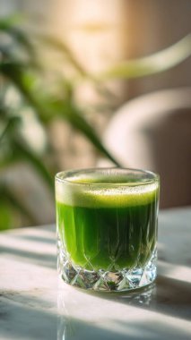 Mermer yüzey üzerinde kristal yeşil sebze suyu, yumuşak altın sabah ışığı, zarif bulanık kaplıca arka plan, temiz kopya alanı ile rafine edilmiş düzen..