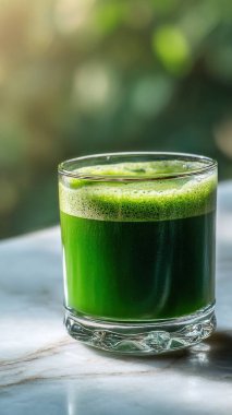 Mermer yüzey üzerinde kristal yeşil sebze suyu, yumuşak altın sabah ışığı, zarif bulanık kaplıca arka plan, temiz kopya alanı ile rafine edilmiş düzen..