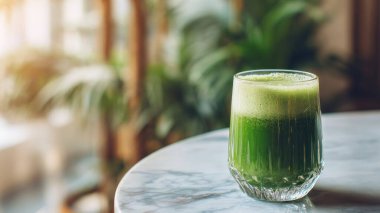 Mermer yüzey üzerinde kristal yeşil sebze suyu, yumuşak altın sabah ışığı, zarif bulanık kaplıca arka plan, temiz kopya alanı ile rafine edilmiş düzen..