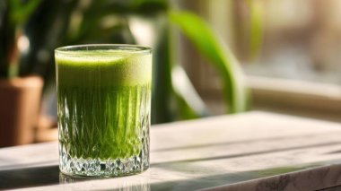 Mermer yüzey üzerinde kristal yeşil sebze suyu, yumuşak altın sabah ışığı, zarif bulanık kaplıca arka plan, temiz kopya alanı ile rafine edilmiş düzen..