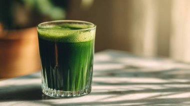 Mermer yüzey üzerinde kristal yeşil sebze suyu, yumuşak altın sabah ışığı, zarif bulanık kaplıca arka plan, temiz kopya alanı ile rafine edilmiş düzen..