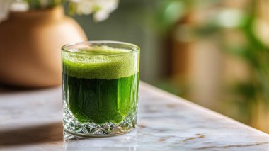 Mermer yüzey üzerinde kristal yeşil sebze suyu, yumuşak altın sabah ışığı, zarif bulanık kaplıca arka plan, temiz kopya alanı ile rafine edilmiş düzen..