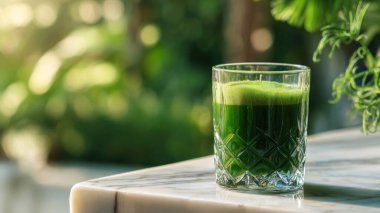 Mermer yüzey üzerinde kristal yeşil sebze suyu, yumuşak altın sabah ışığı, zarif bulanık kaplıca arka plan, temiz kopya alanı ile rafine edilmiş düzen..
