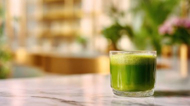 Mermer yüzey üzerinde kristal yeşil sebze suyu, yumuşak altın sabah ışığı, zarif bulanık kaplıca arka plan, temiz kopya alanı ile rafine edilmiş düzen..