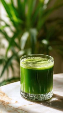 Mermer yüzey üzerinde kristal yeşil sebze suyu, yumuşak altın sabah ışığı, zarif bulanık kaplıca arka plan, temiz kopya alanı ile rafine edilmiş düzen..