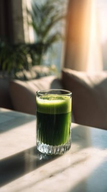 Mermer yüzey üzerinde kristal yeşil sebze suyu, yumuşak altın sabah ışığı, zarif bulanık kaplıca arka plan, temiz kopya alanı ile rafine edilmiş düzen..