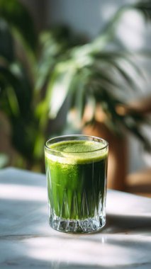 Mermer yüzey üzerinde kristal yeşil sebze suyu, yumuşak altın sabah ışığı, zarif bulanık kaplıca arka plan, temiz kopya alanı ile rafine edilmiş düzen..