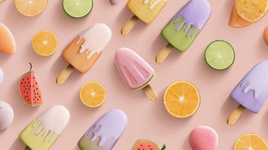 Mini cartoon summer sweets, melting ice cream, popsicles, fruit slices, bright tropical vibe, seamless cute pattern, soft pastel tones, no logo, no watermark, for packaging or print.