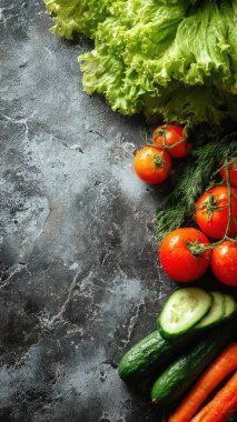 Top view flat lay of fresh salad vegetables lettuce, tomato, cucumber, and carrot on rustic background with copy space, bright natural light, healthy food concept, clean realistic style for website or print use.