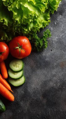 Top view flat lay of fresh salad vegetables lettuce, tomato, cucumber, and carrot on rustic background with copy space, bright natural light, healthy food concept, clean realistic style for website or print use.