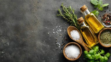 Top view flat lay of kitchen seasonings salt, pepper, oil, vinegar, and herbs on rustic countertop with copy space, warm natural light, cooking preparation concept, clean realistic style for website or print use.