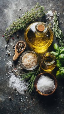 Top view flat lay of kitchen seasonings salt, pepper, oil, vinegar, and herbs on rustic countertop with copy space, warm natural light, cooking preparation concept, clean realistic style for website or print use.